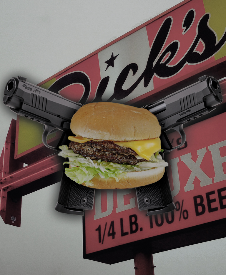 Picture of two guns and a Dick's hamburger